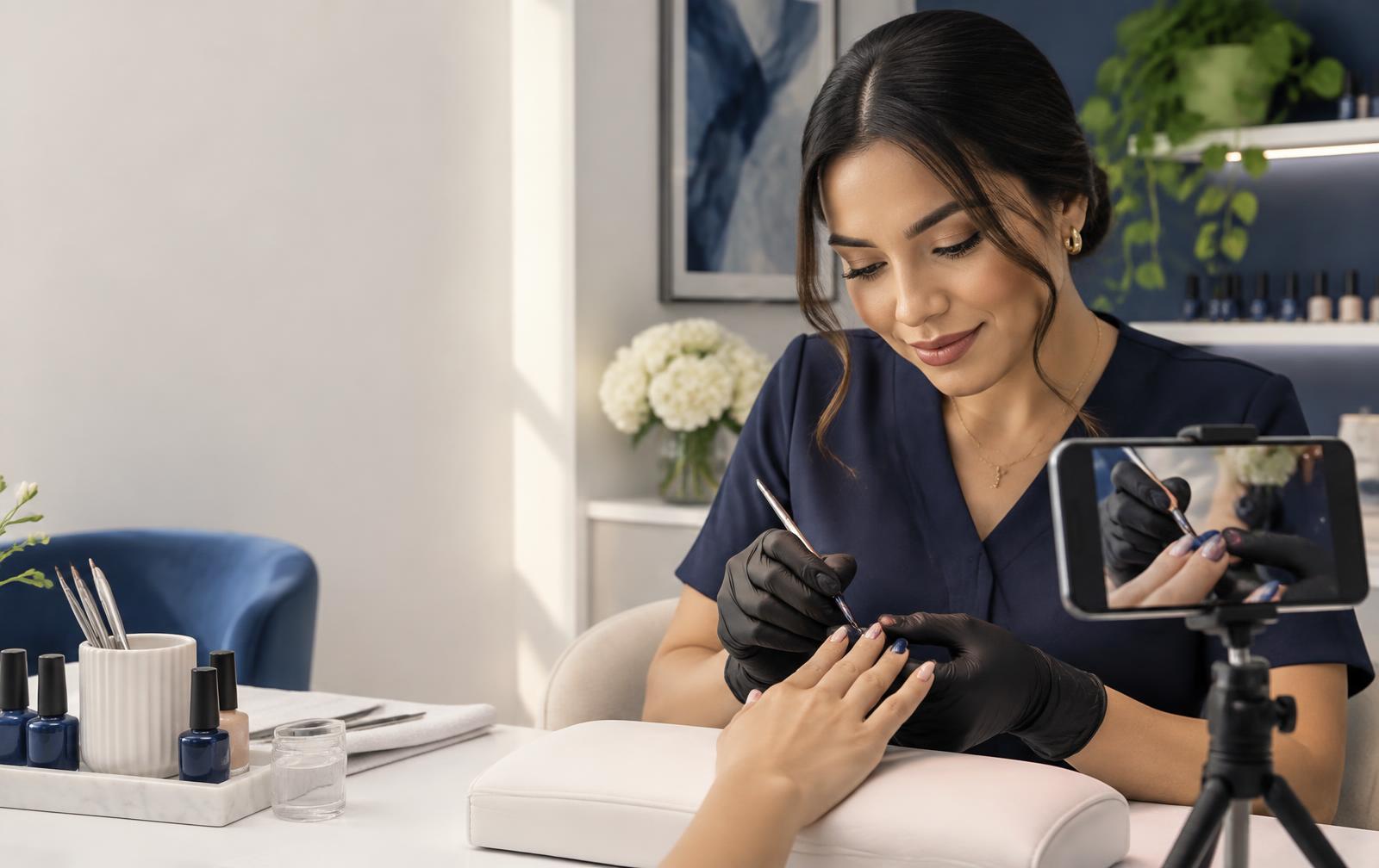 Manicurista creando contenido mientras atiende a una clienta